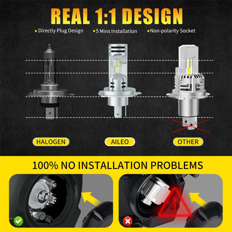 AILEO 2x H4 Led Lights High Quality 30000Lm 250W High Low Be