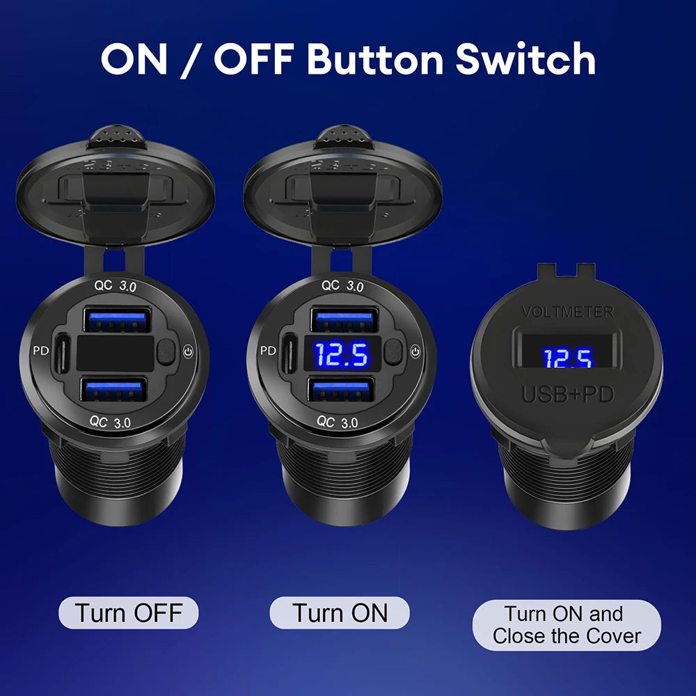 55W Dual QC3.0 PD Fast Charger Motorcycle USB Socket LED Vol