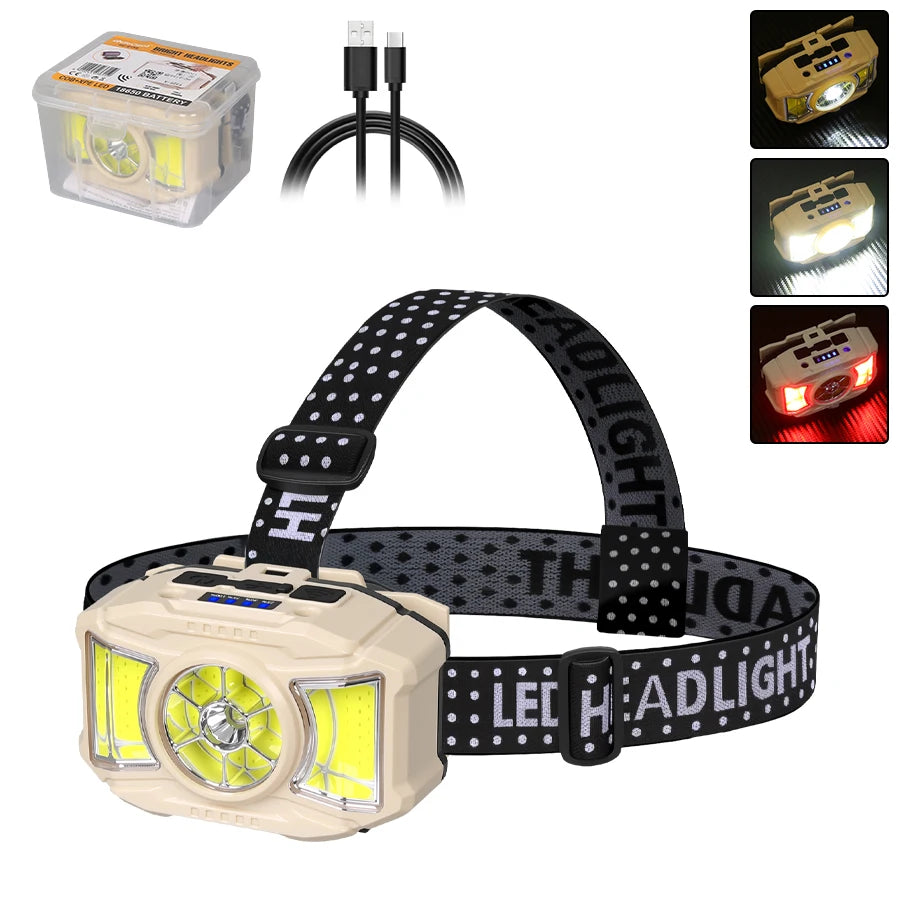Powerful LED Induction Headlamp Type-C Charge 4 Lighting Modes Head Flashlight Waterproof Camping Fishing Mining Headlight