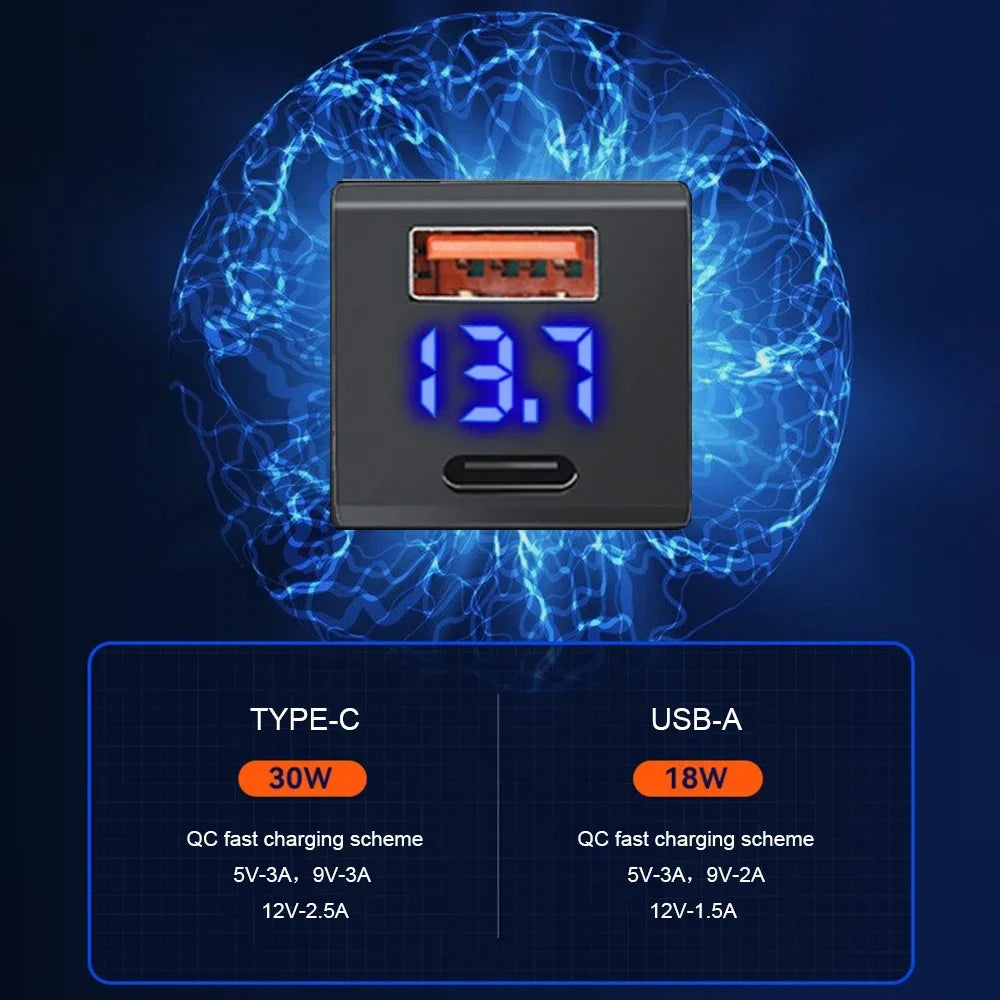 PD 48W USB C QC3.0 Port Car Charger 12/24V Voltmeter LED Wat