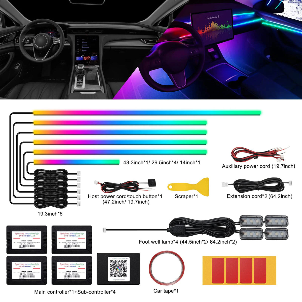 10/14/18 in 1 Led Car Ambient Lights 213 64 Color RGB Symphony Streamer Bluetooth Rainbow Acrylic Strips Atmosphere Lamp Kit 12V