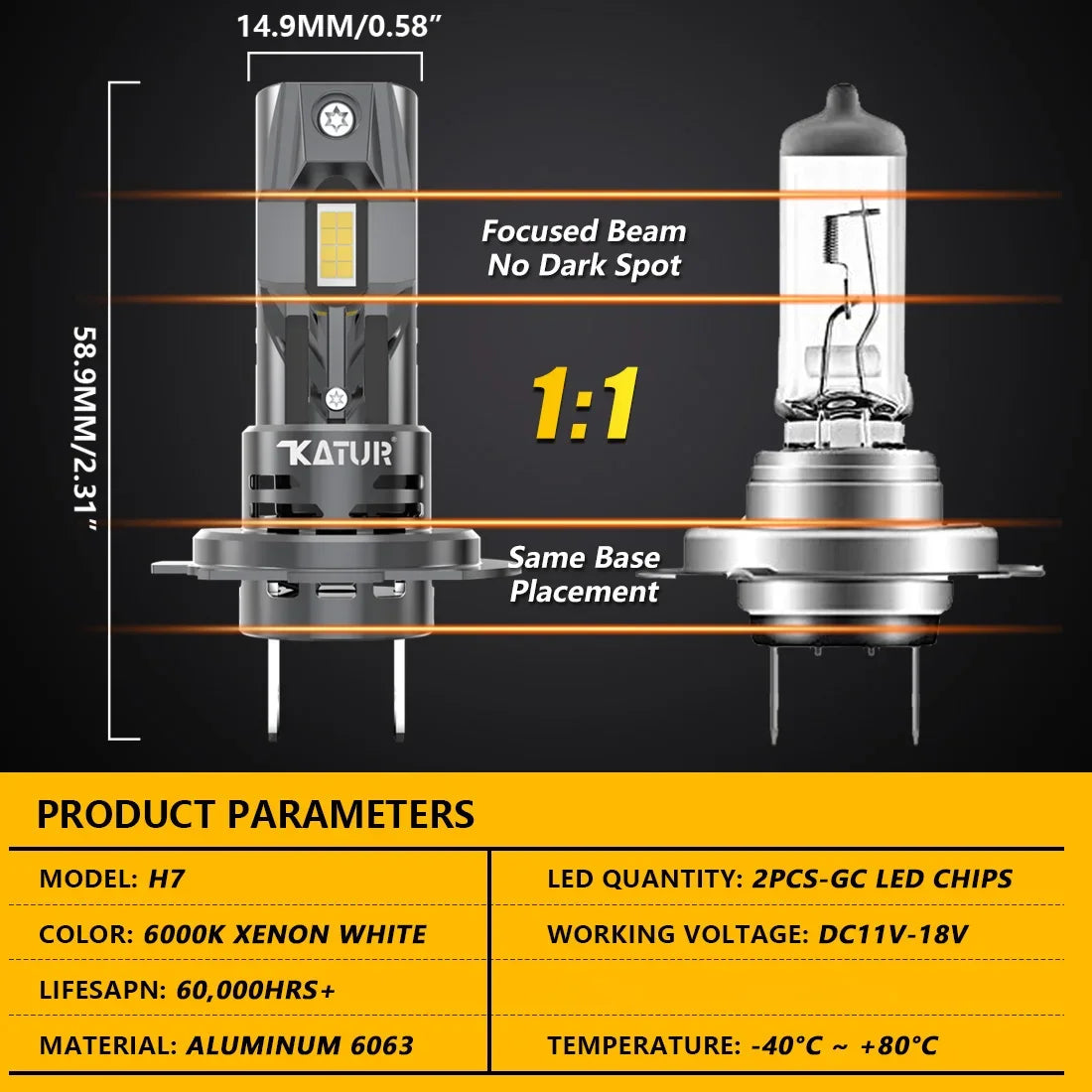 Katur 2pcs H7 Trubo LED Canbus Headlight Bulb 20000LM 100W f