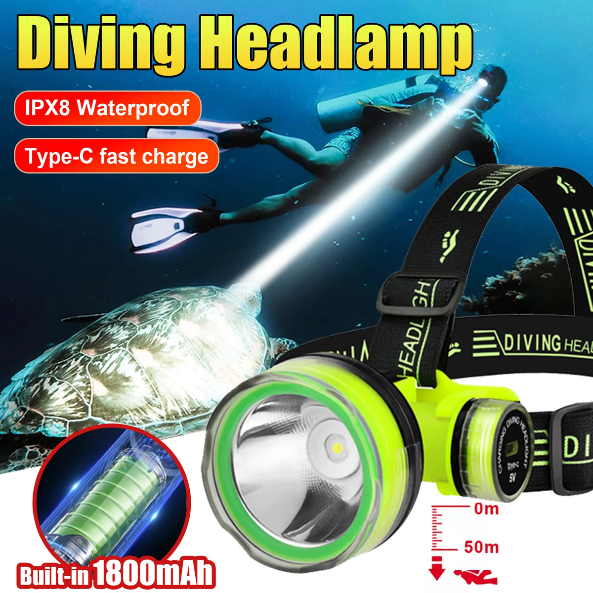 New Rechargeable LED Diving Headlamp Strong Light 50M Profes