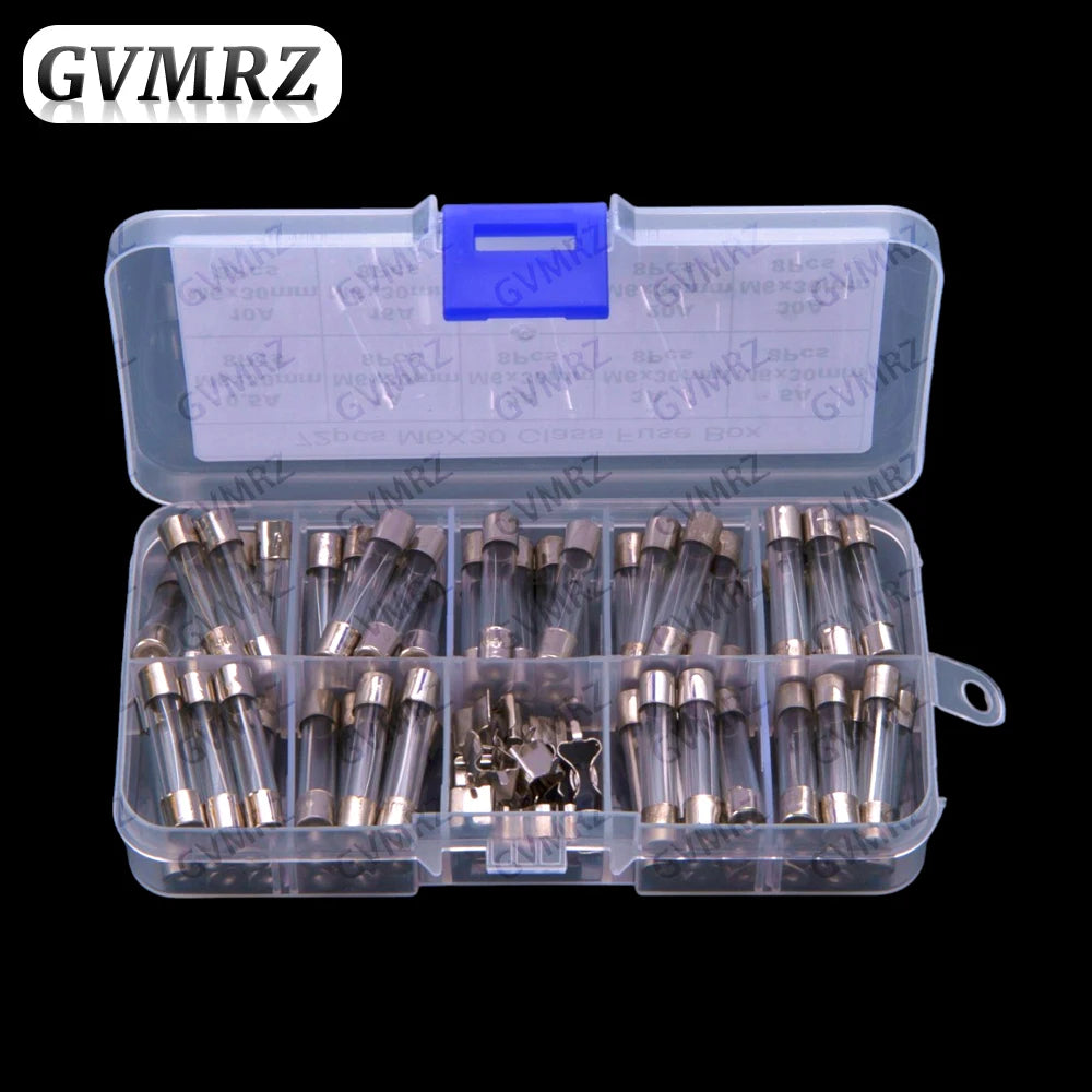 72pcs 6 30MM 0.5A-30A Glass Fuse Tubes 250V Box 0.5A 1A 2A 3