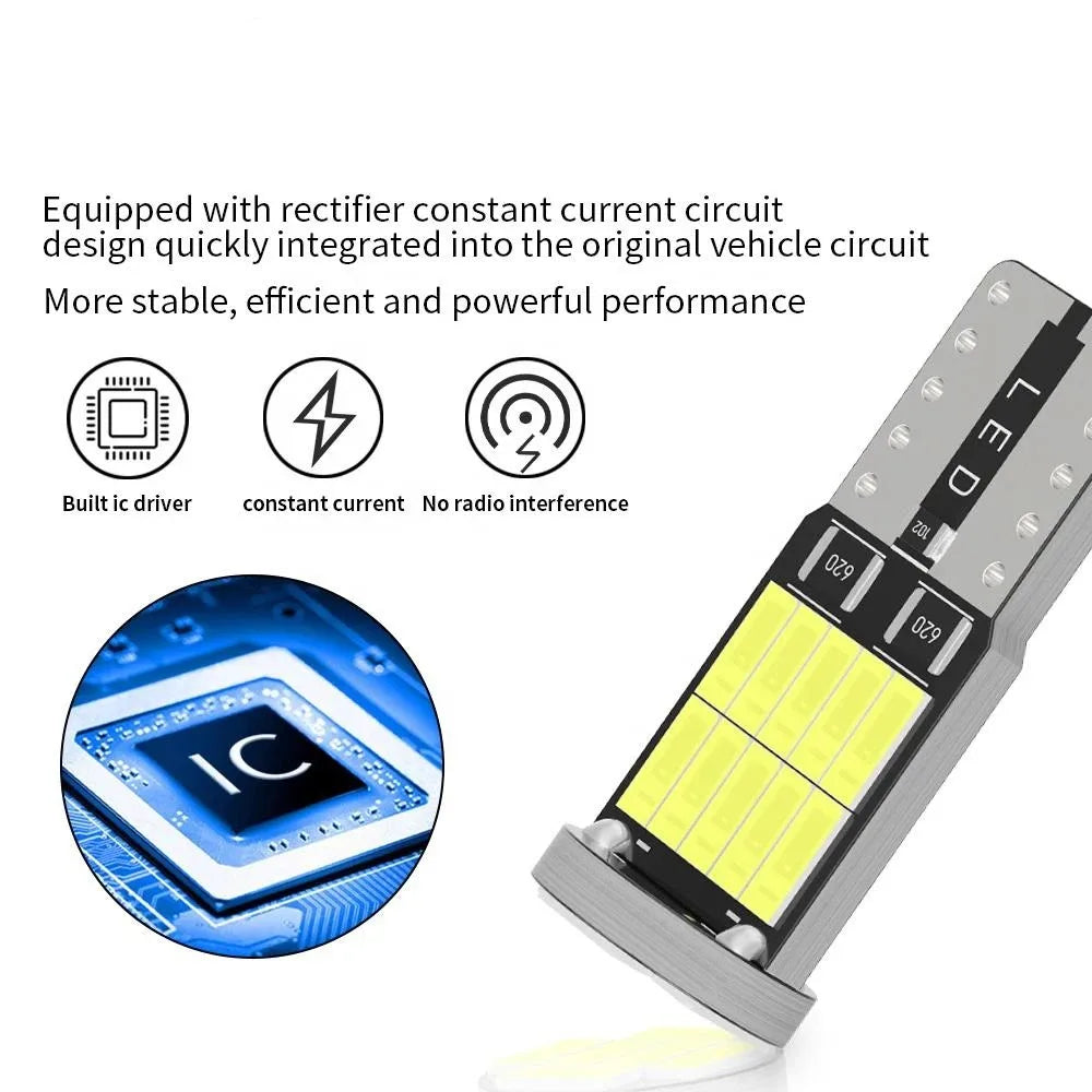 10PCS T10 W5W LED Bulbs - 6000K Cool White 4014 26SMD Canbus