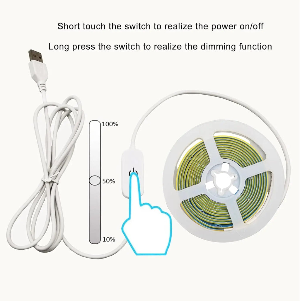 LED COB Light Strip Touch Dimmer Flexible Diode Tape 5V USB 