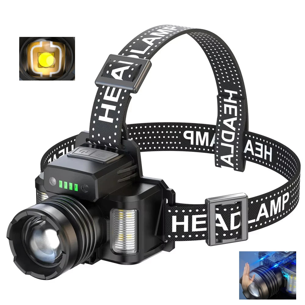 Powerful Super 60W Spotlight Headlight Sensing Head Lamp Type-C Apple Input USB Output Power Display With Night Light Strip