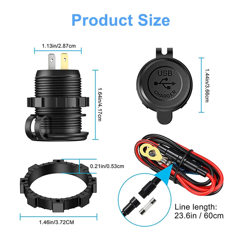 DaierTek Car USB Charger Socket Metal 60W Car Charger 12V 24