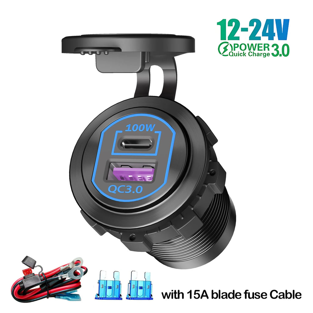 118W Aluminum 12V USB C Laptop Outlet PD 100W Port & QC3.0 18W Car Charger Socket Fast Charging for RV MarineTruck Boat Golf