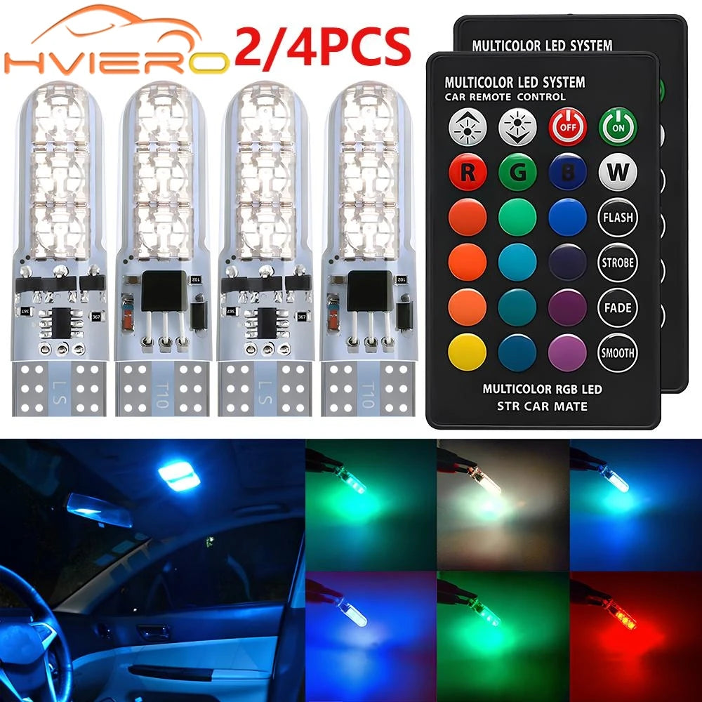 2/4pcs T10 W5w RGB LED Remote Controller RGBW 391 6SMD Clear