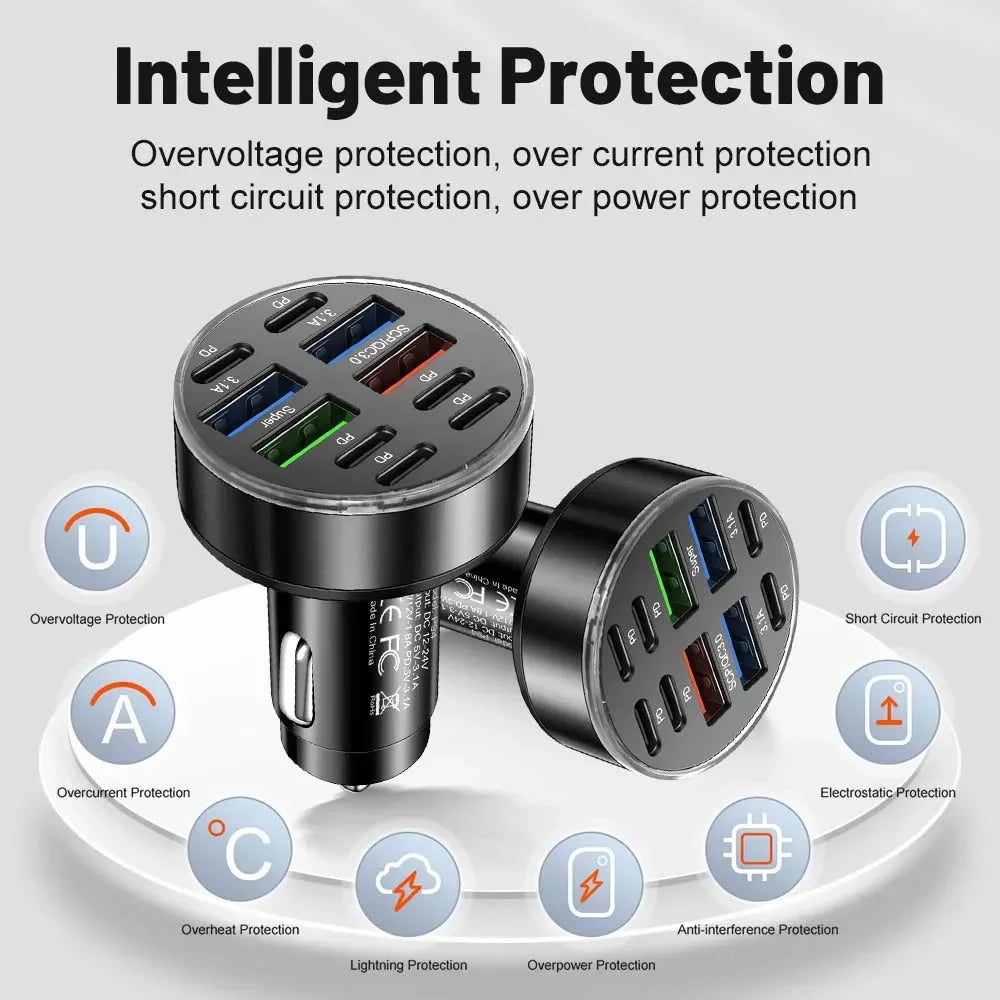 350W 10 Ports Car Charger Fast Charging PD QC3.0 USB C Car P