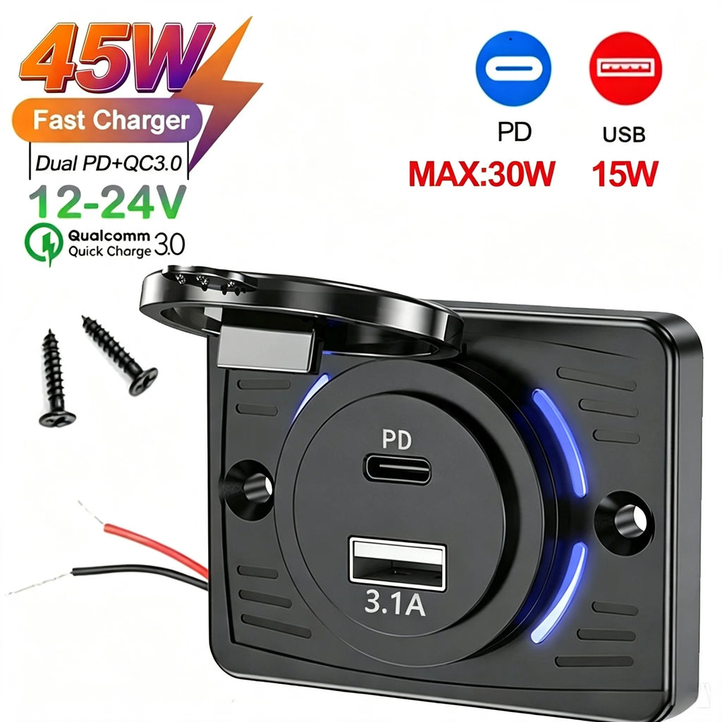 12V-24V PD+USB Car Charger Socket 45W Fast Charge Blue LED Indicator Waterproof Flip Cover Embedded Outlet for Car Motorcycle