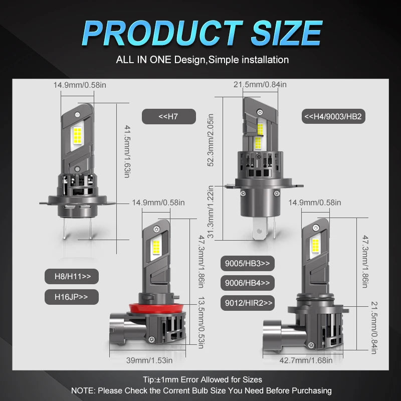 2Pcs 20000LM H8 H11 H7 LED CSP Chip Car Headlight Bulbs HB4 