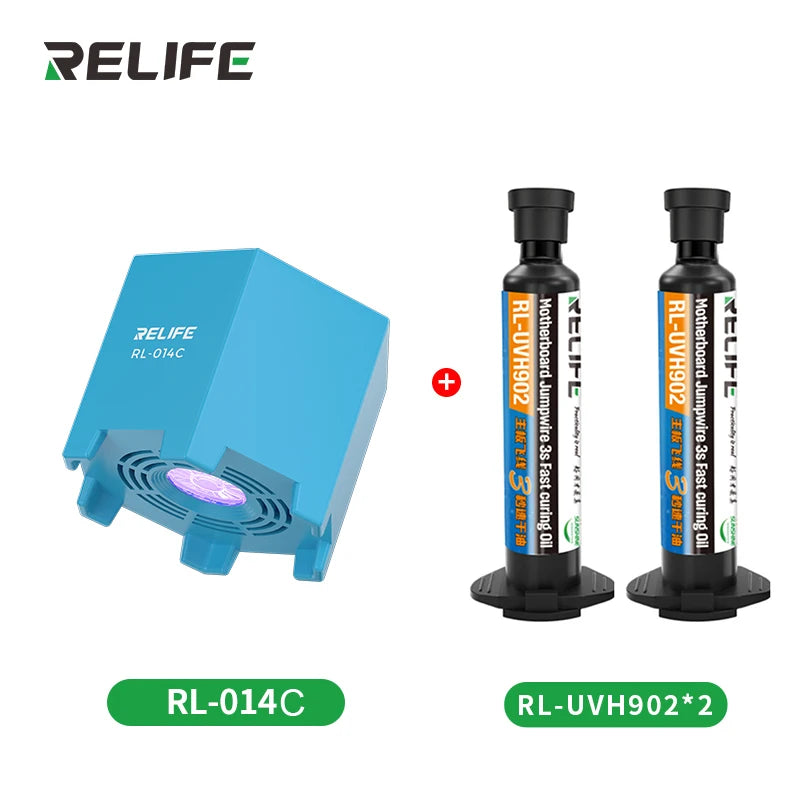 2PCS RELIFE RL-UVH902 10ML UV 3S Quick-drying Solder Mask Ink for Mobile Phone Repair Jumping Wire + RL-014 UV curing light