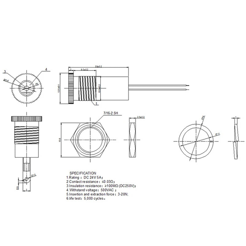 5A IP68 Waterproof 5.5 X 2.1MM 5521/5525 DC Power Socket Fem