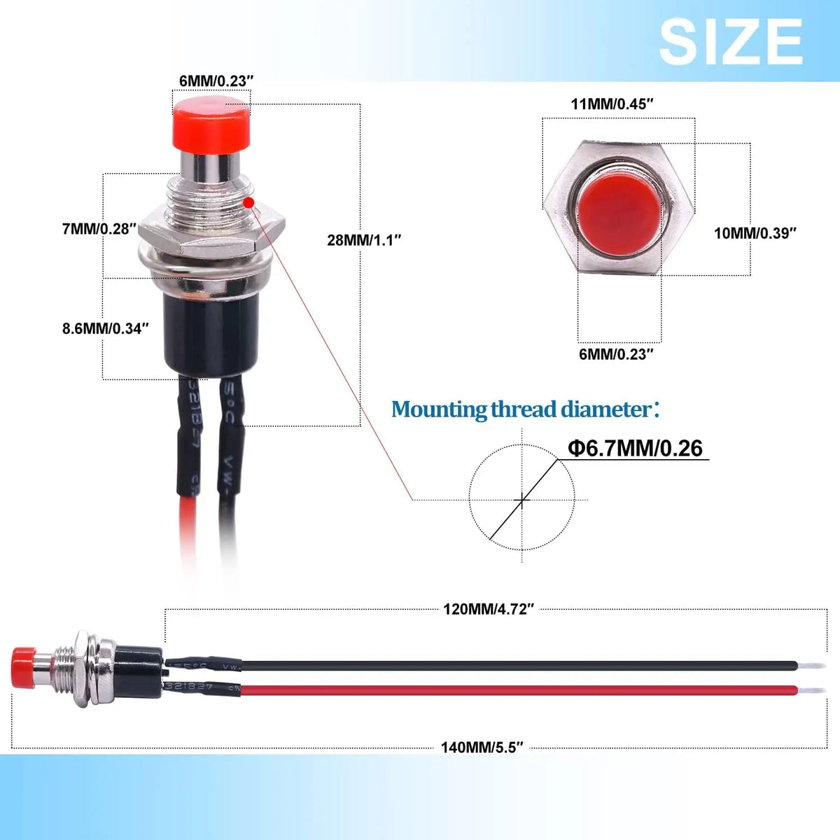 12PCS 12V 250V Momentary Push Button Switch 2 Pins SPST 7mm 
