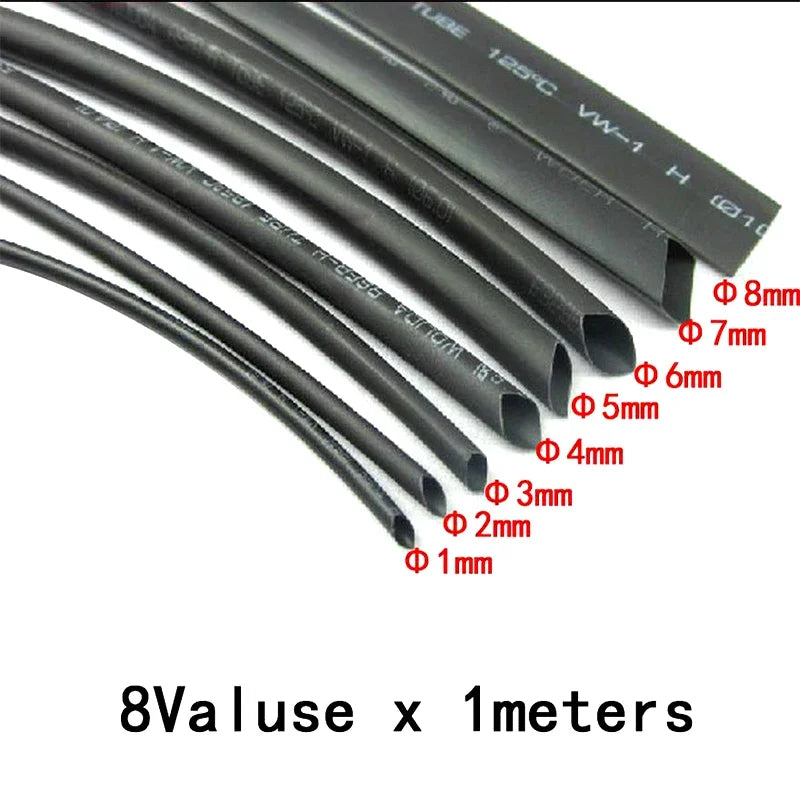 8 Meter/set Heat Shrink Tubing 1/2/3/4/5/6/8mm 2 1 Black Ins