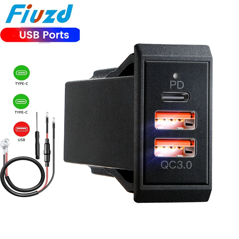 Car Charger Socket PD3.0 & QC3.0 Double USB C Ports Waterproof with LED 54W Fast Charging 12V/24V For Moto Adapter