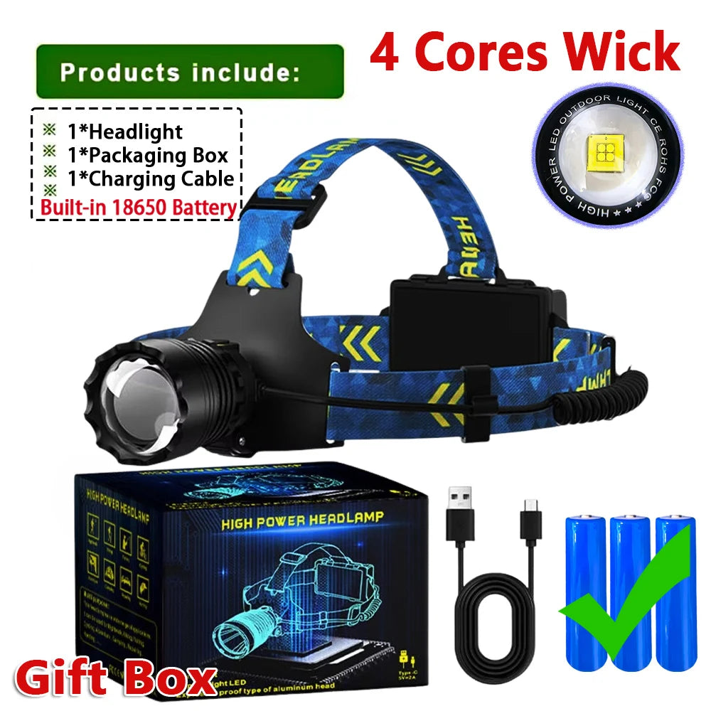 Headlamp Upgraded Version 4 Cores Super Long Range Powerful LED High Power Zoom Headlight Strong Light Head Lamp Fishing Hiking