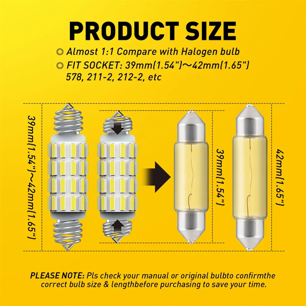 2Pcs AUXITO LED C5W C10W 39mm 41mm 42mm LED Festoon Canbus E