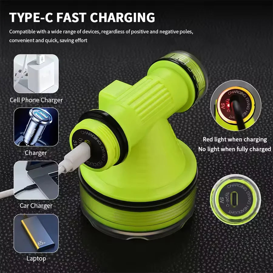 New Rechargeable LED Diving Headlamp Strong Light 50M Profes