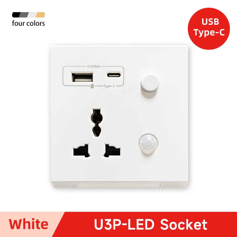 USB Type-C Fast Charging Socket USB C Port Multifunctional Universal Smart Wall Adapter 3.1A Embedded Sockets With Night Light