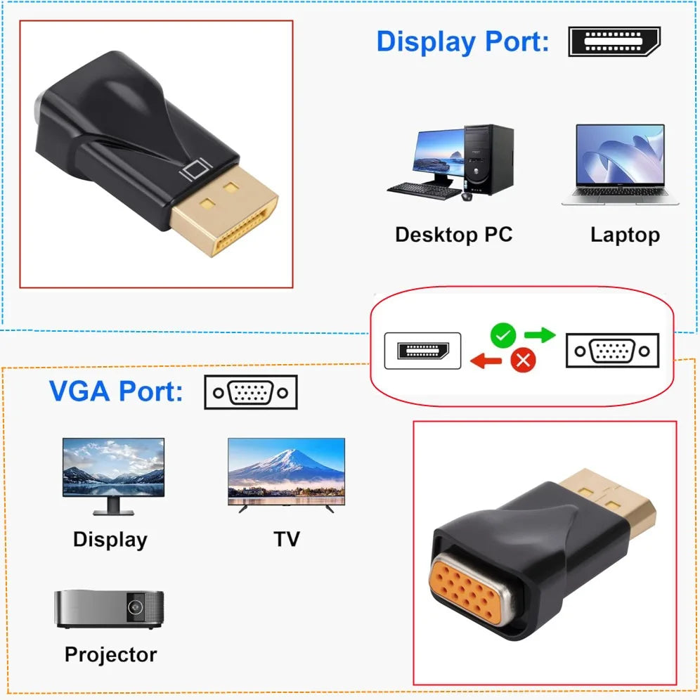 DP to VGA Adapter 1080P DisplayPort Male to VGA Female Gold-