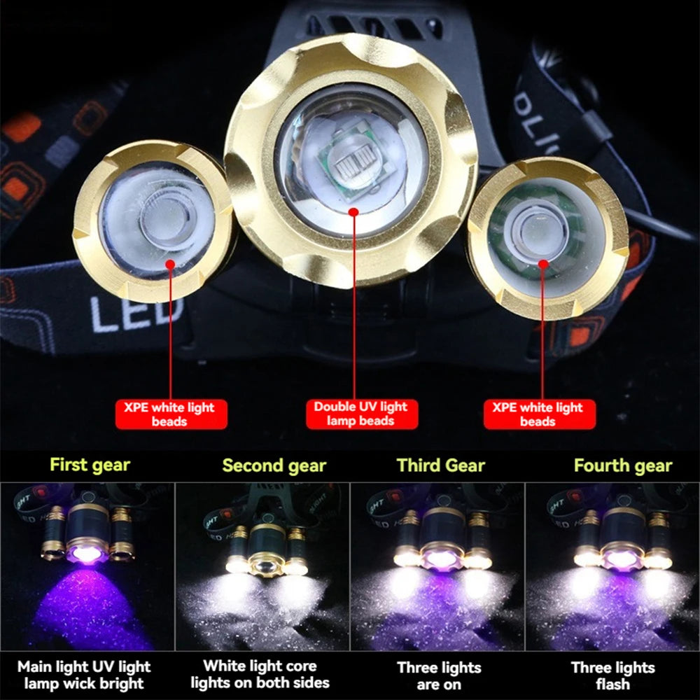Powerful 3-head LED Headlamp White/UV Light Scorpion Head La