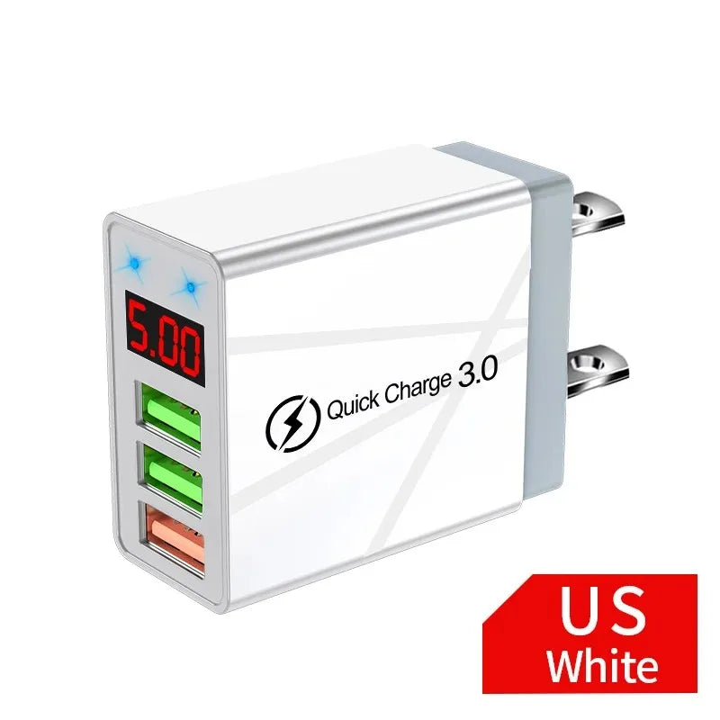 USB Charger 3 Ports Quick Fast Charging Wall Adapter with LED Digital Display For Samsung S24 Xiaomi 15 17 Pro Huawei Mate Redmi