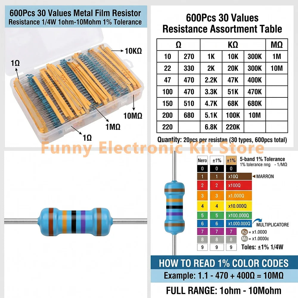 600 Pcs Assorted Metal Film Resistor Kit 30 Values 1/4W Resi