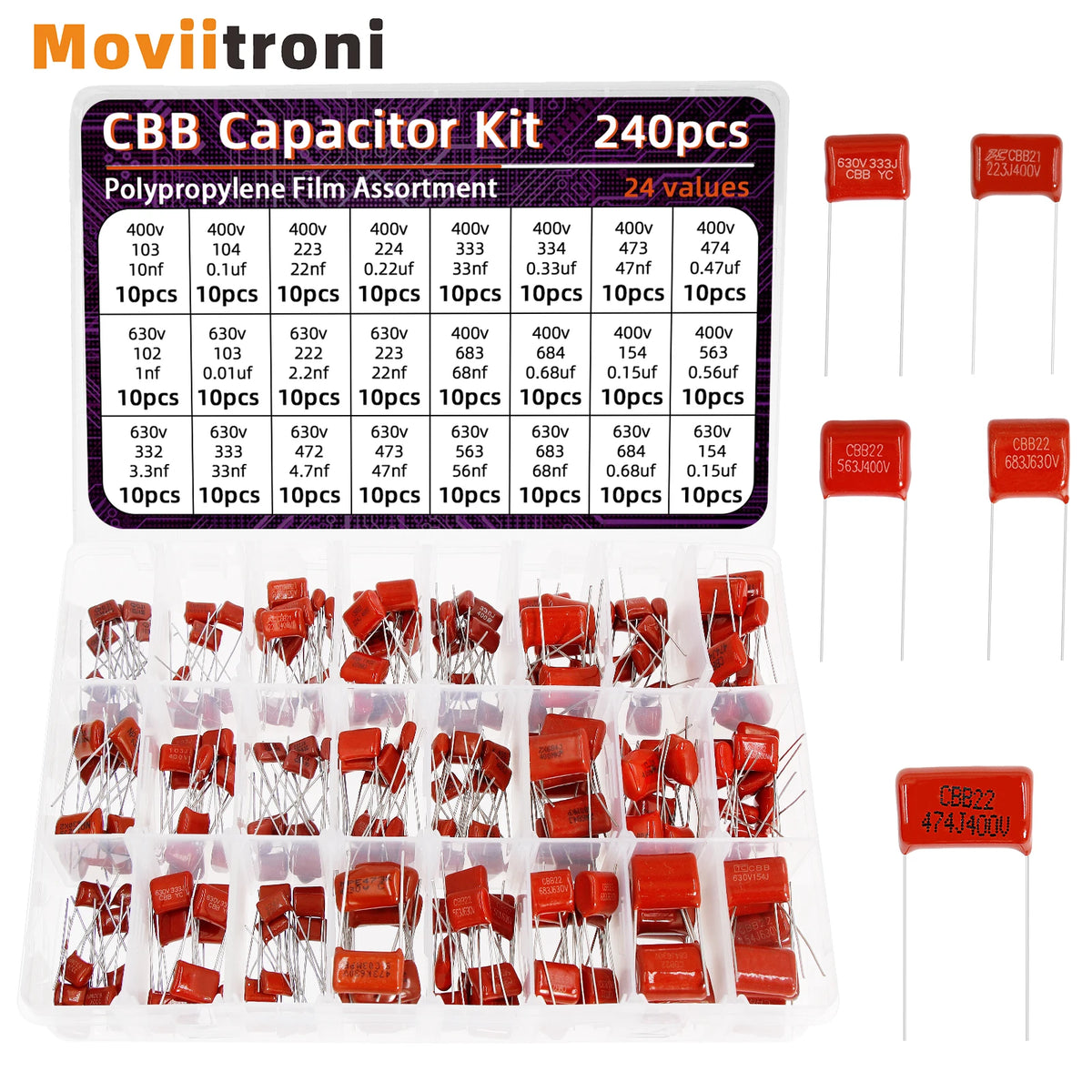 240pcs CBB Capacitor Assortment Kit Metallized Polypropylene