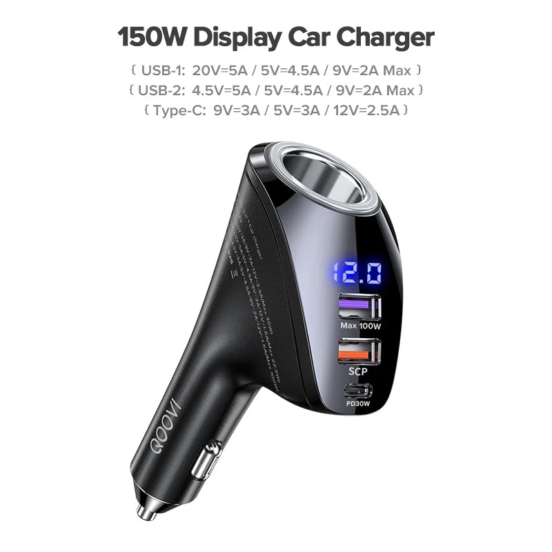 QOOVI 150W 4-Ports Car Charger USB Type C Super Fast Charging PD 4.0 Cigarette Lighter Socket For iPhone Xiaomi Samsung Huawei
