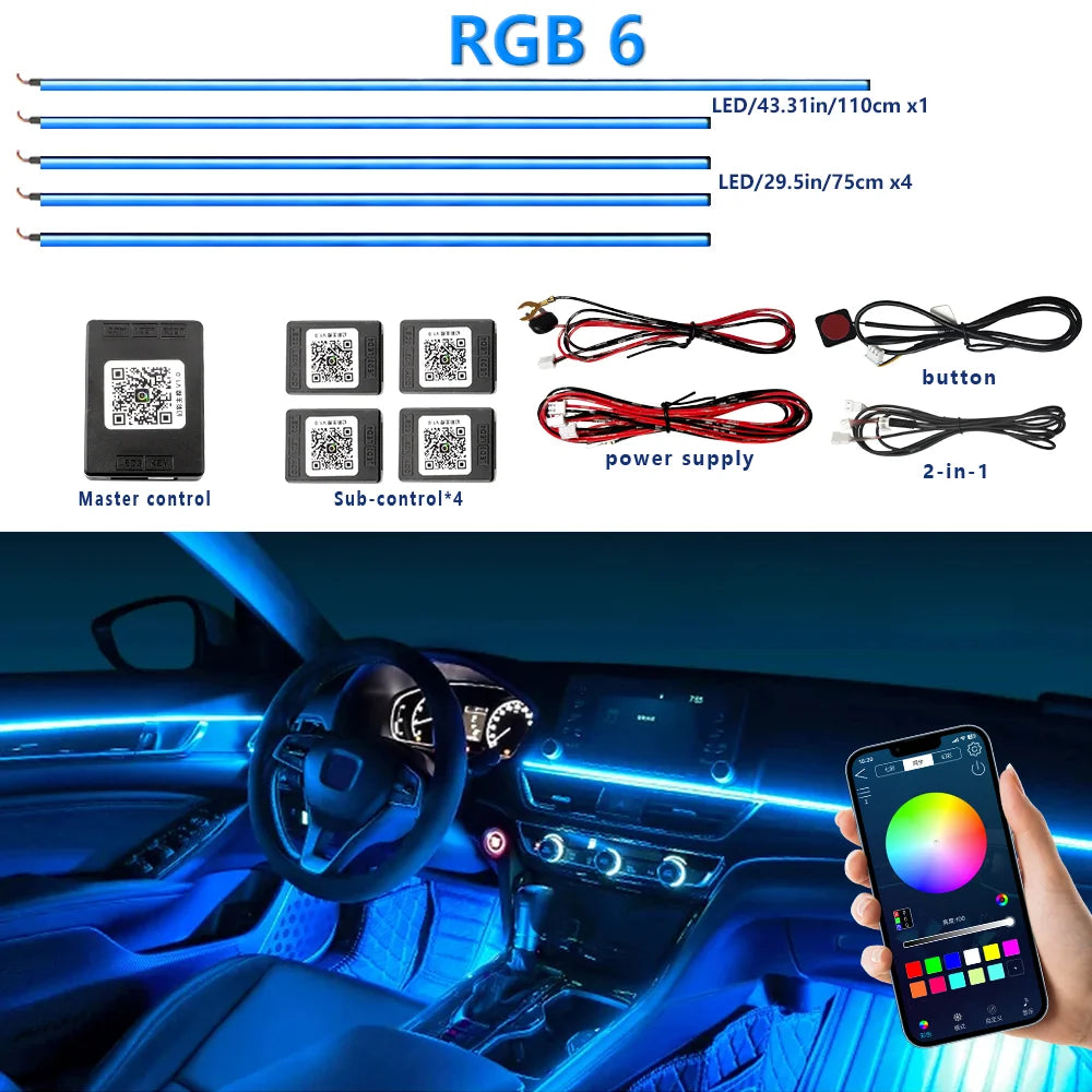 22 In 1 Full Color Streamer Car Ambient Lights RGB 64 Color Universal LED Interior Hidden Acrylic Strip Symphony Atmosphere Lamp