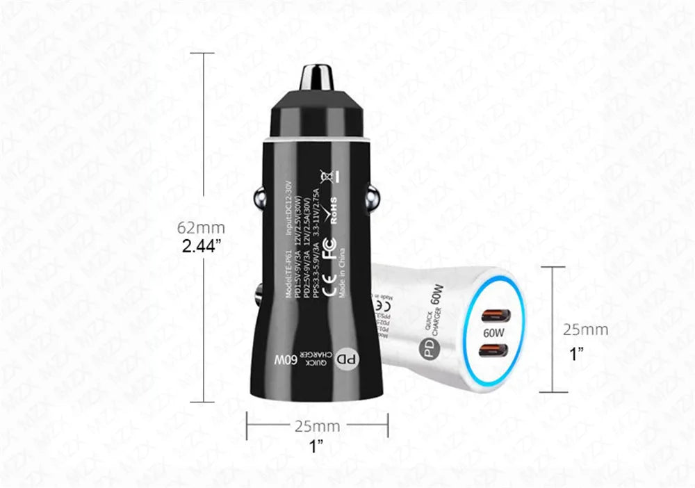 MZX 60W Smart Car Charger PD Type C Quick Dual USB A Fast Ch