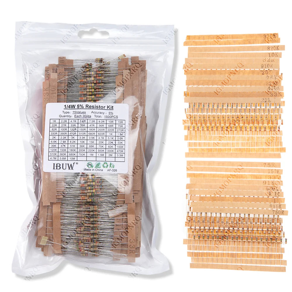 1500PCS 1/4W Carbon Film Resistors Assorted kit 75Values (1 