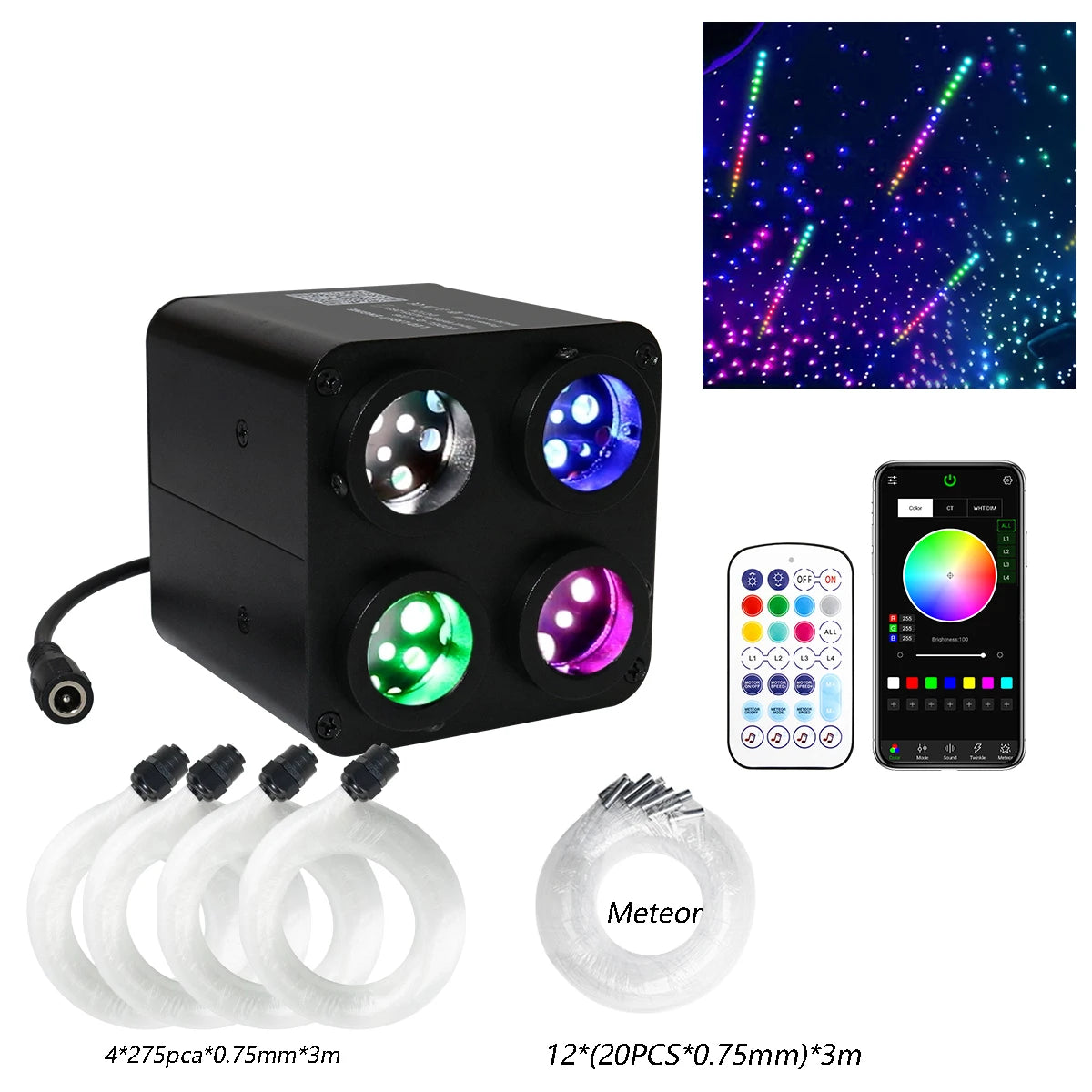 36W 4 Port Starlight Headliner Kit with Shooting Stars for Car Roof RGBW APP&Music Sync Home Use Fiber Optic Ambient Light