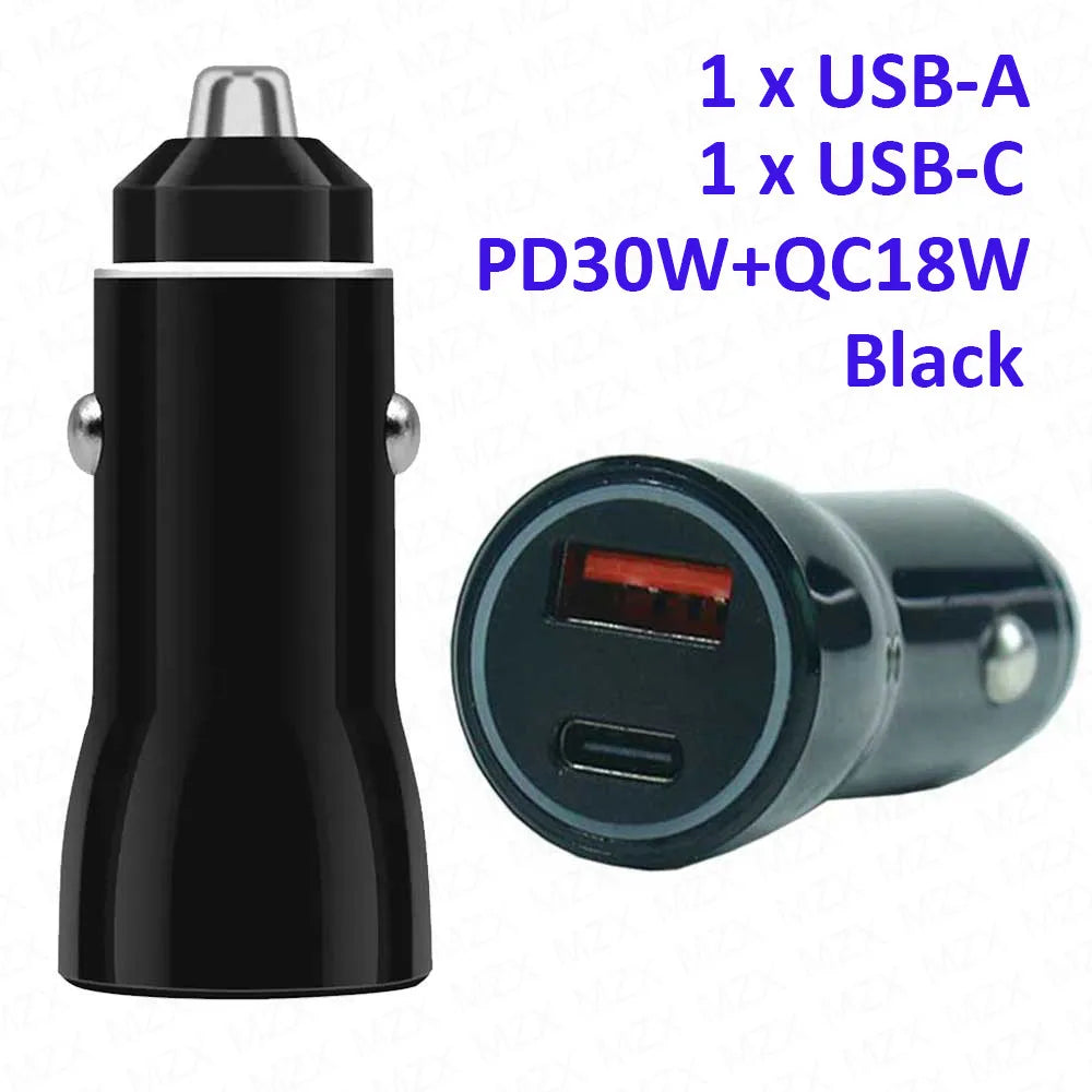 MZX 60W Smart Car Charger PD Type C Quick Dual USB A Fast Charging 12V 12 V Volt Cigar Lighter Ultra QC Charge Mobile Cell Phone