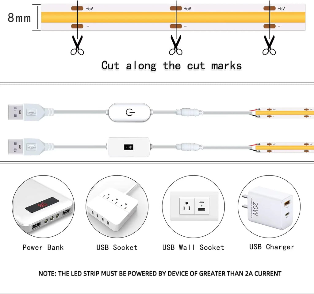 1m-5m USB COB LED Strip Light 5V 320LEDs/m DIY TV Mirror Bac