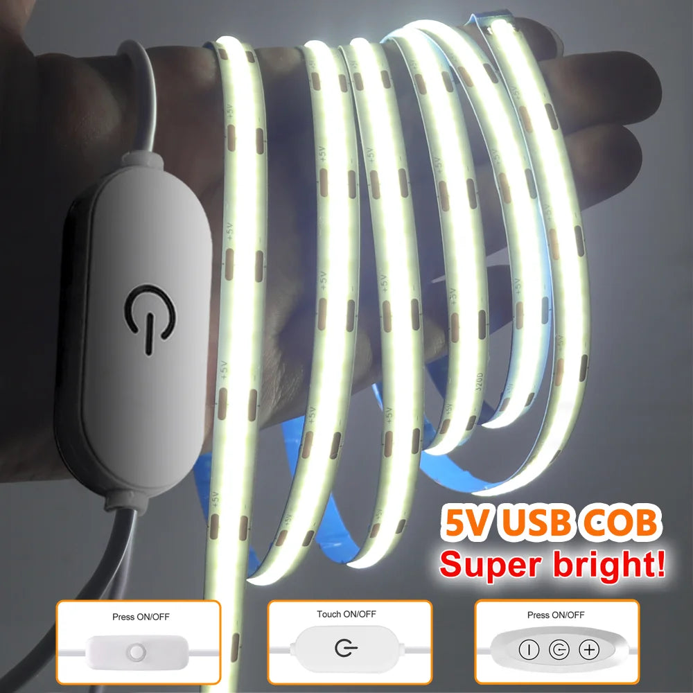 5V COB LED Strip Light 320LEDs/M Touch Sensor Dimmable USB F