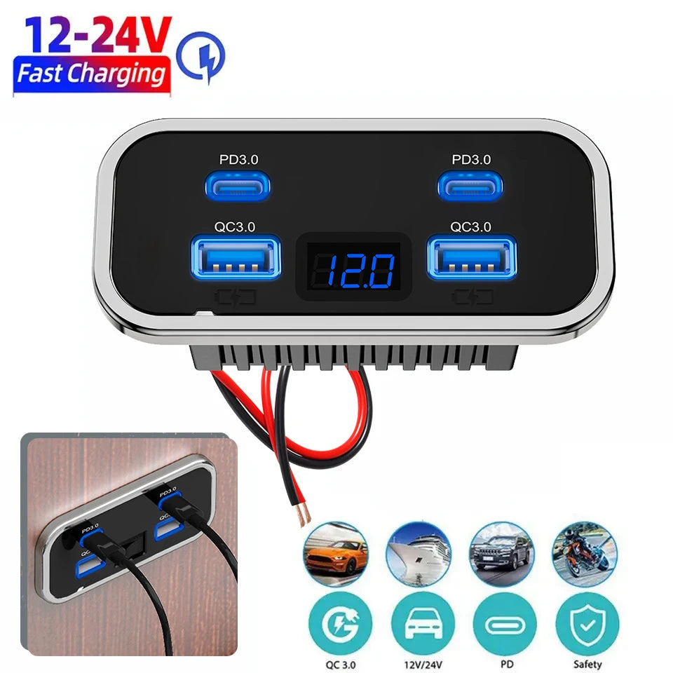12/24V QC3.0 PD Car Charger Socket Quick Charge Dual USB Dua