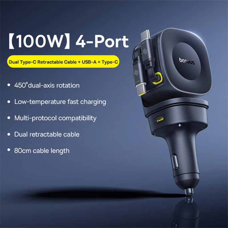 Baseus 100W Car Charger PD QC Fast Charging Dual Type-C Retractable Cable 4 ports 450 Rotation For Laptop Tablet iPhone Samsung