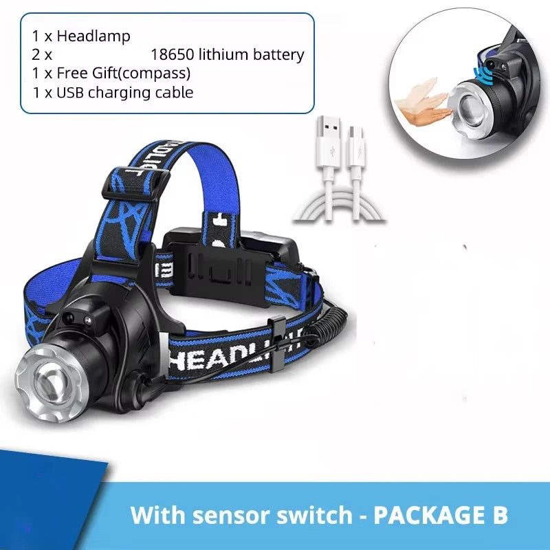 High Power LED Headlamp Fishing Headlight 3 Modes Zoomable Waterproof Super Bright Camping Light Powered by 2x18650 Batteries