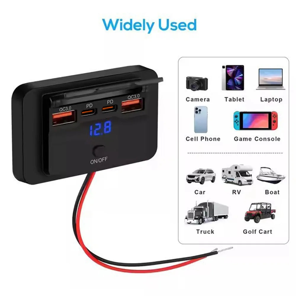 4-Port Car Charger Socket Adapter With Switch 12V/24V PD QC3