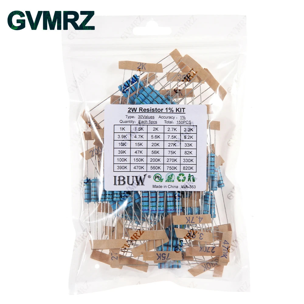 1/4W 1/2W 1W 2W 3W Resistance Set 1% Metal Film Resistor Assortment Kit 1K 820K 0.1R 750R 10K
