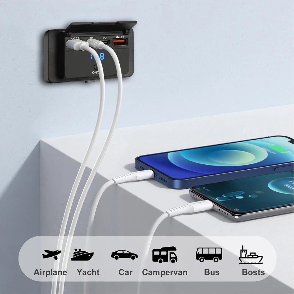 4 Ports Dual PD Dual QC 3.0 USB Car Charger with Switch 96W 
