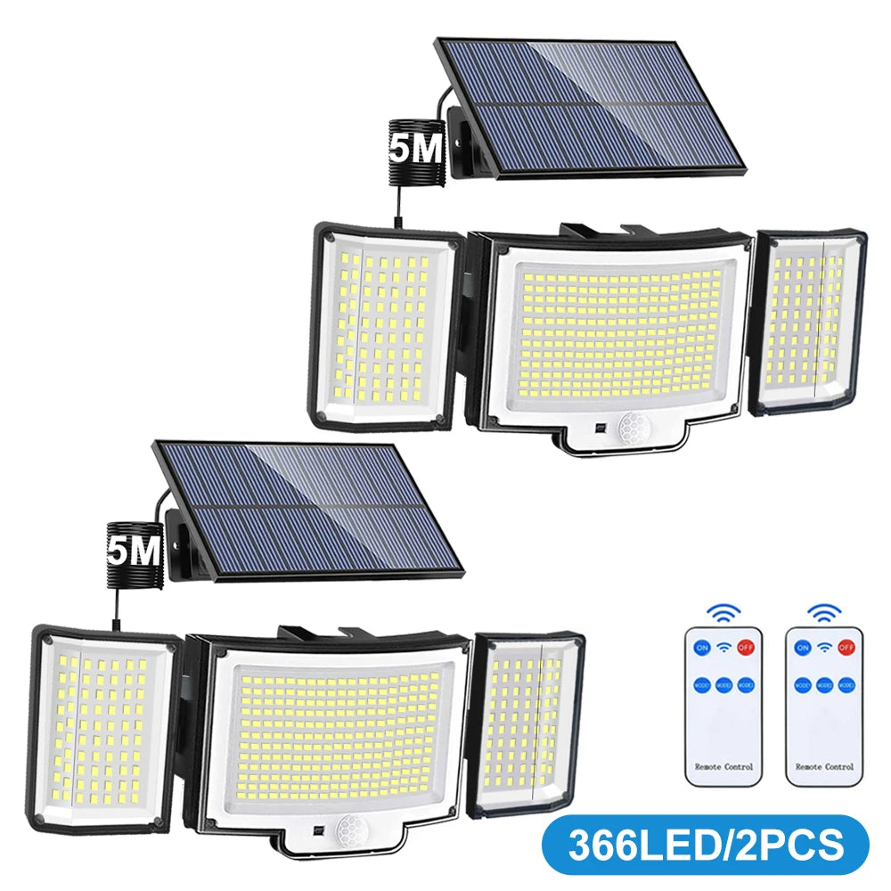 366 LED Solar Motion Sensor Security Outdoor Lights 3 Heads Solar Garden Lights Flood Lights Powered Wall Light Waterproof Front