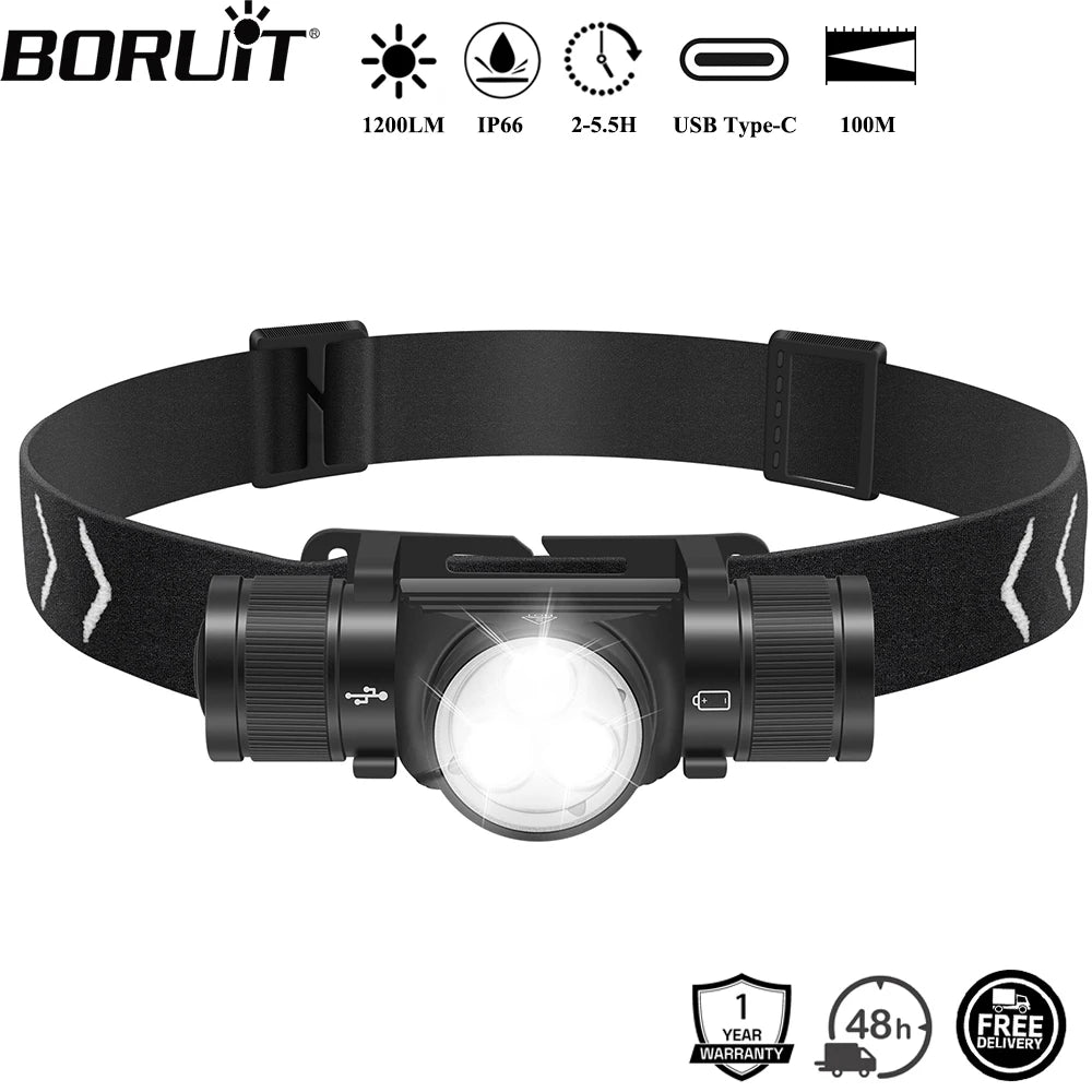 BORUiT HP330 3 LEDs Headlamp 1200LM Powerful Type-C Recharge