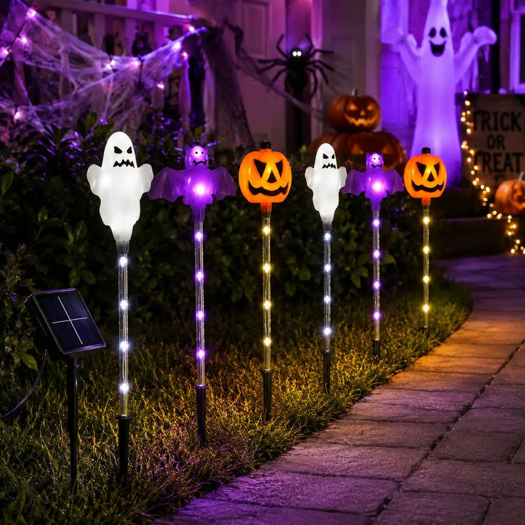 1 Set 6pcs Halloween Solar Pumpkin Ghost Bat Stake Lights Ou