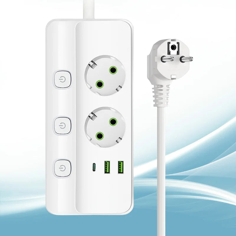 White 2m Extension Cable EU Plug Standard Socket USB And Typ