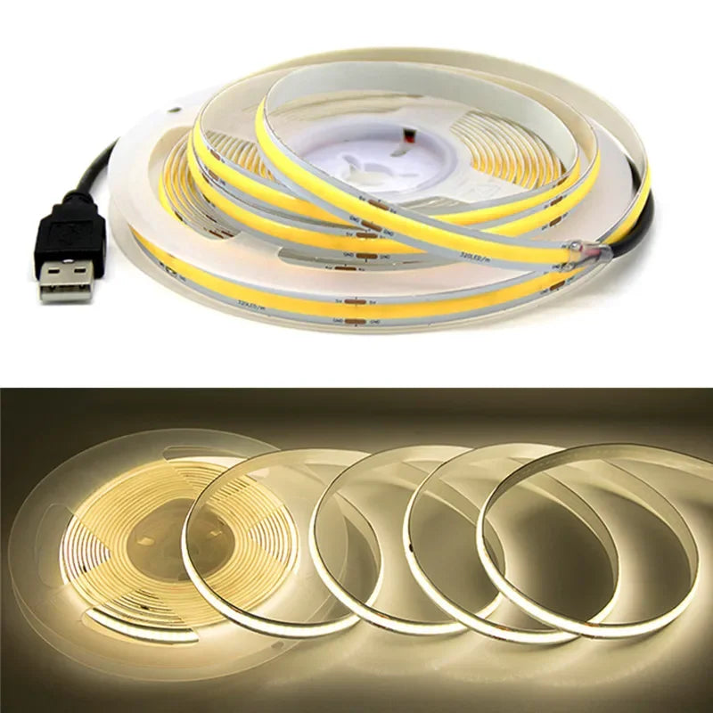 5V USB COB Lamp Strip 320LEDs/M White/Red/Pink/Ice Blue/Yellow Cabinet Light Lamp TV Backlight Flexible Ribbon Rope LED Strip